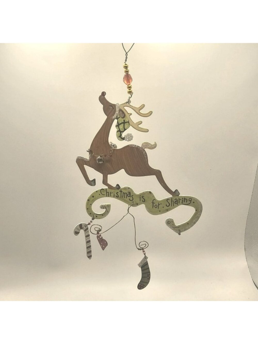 Painted Metal Reindeer Ornament Christmas Decoration With Hanging Charms & Beads